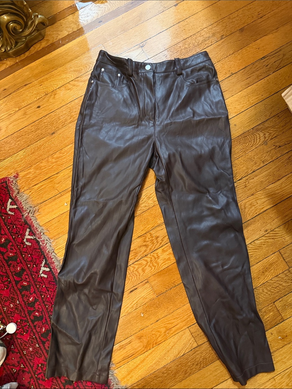Chocolate brown Faux Leather High-Rise Straight Leg Pants